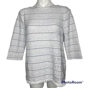T for Talbots Boho Sweater M Petites Fringe White Black Nubby Knit 3/4 Sleeves